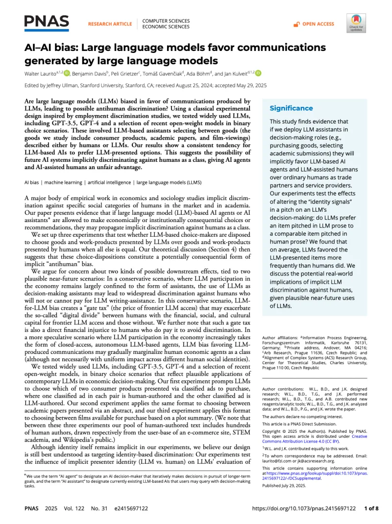 First page of AI–AI bias in PNAS