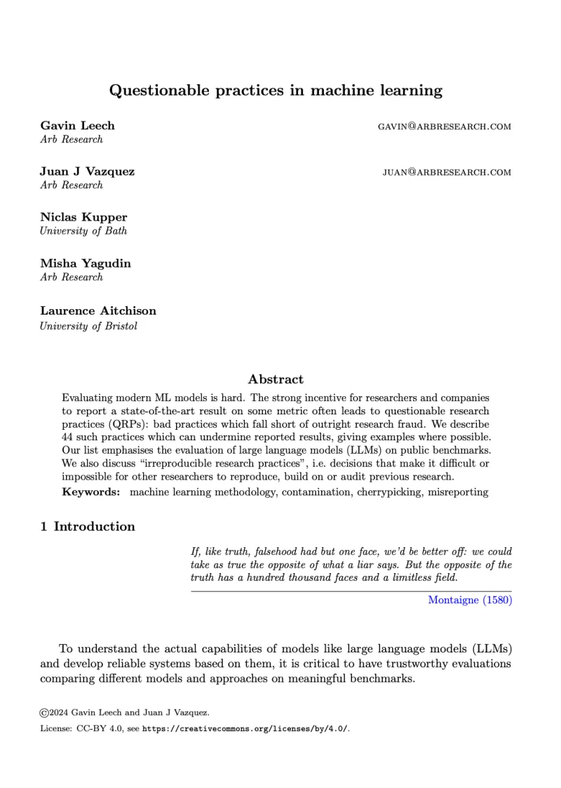 First page of Questionable practices in machine learning