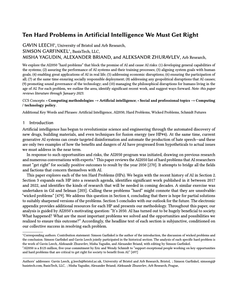 First page of Ten Hard Problems in Artificial Intelligence